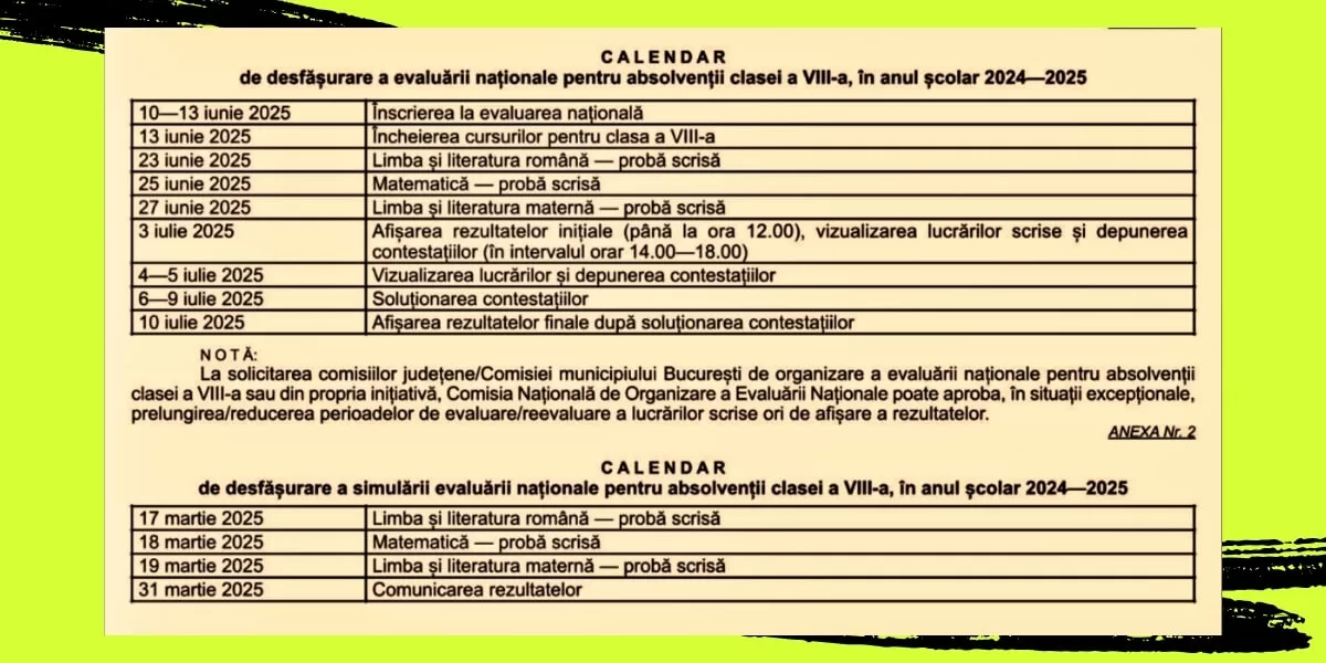 Calendar de desfășurare a evaluării naționale pentru absolvenții clasei a VIII-a, în anul școlar 2024-2025